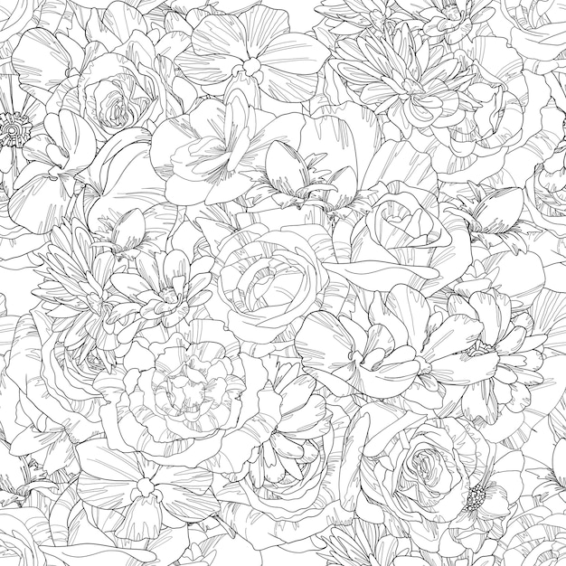 hand-drawn flowers seamless pattern,floral illustration endless background