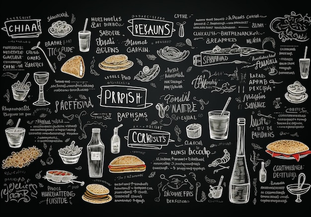 Hand drawn food and drink doodles on blackboard