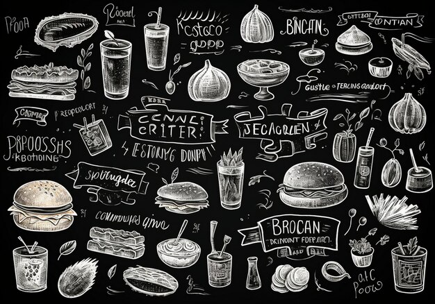 Photo hand drawn food and drink doodles on blackboard