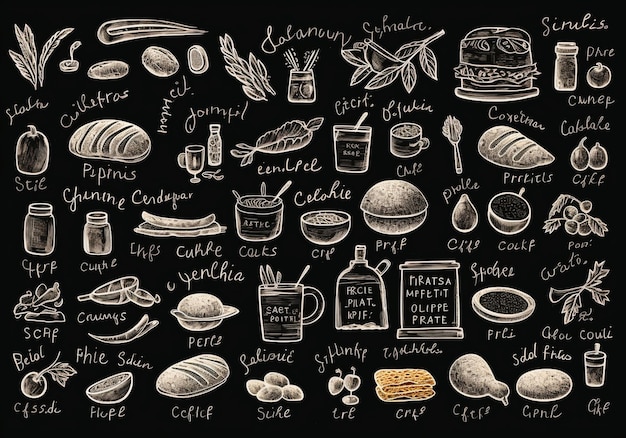 Hand drawn food and drink doodles on blackboard