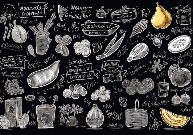 Hand drawn food and drink sketch icons set on chalkboard background