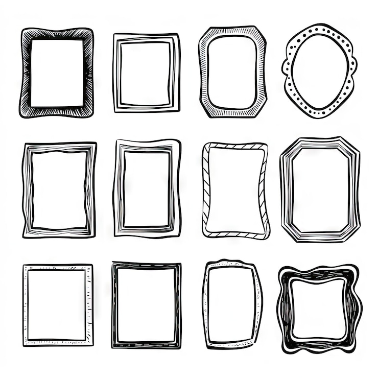 Photo hand drawn frames collection isolated on white cartoon style doodle borders with pencil effect