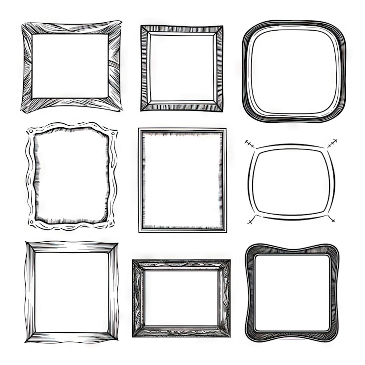 Photo hand drawn frames collection isolated on white cartoon style doodle borders with pencil effect