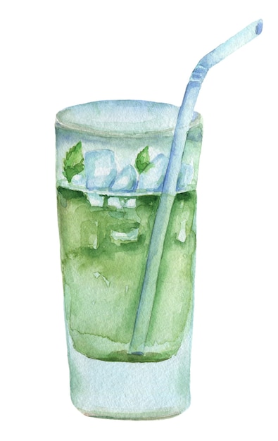 Фото Ручной обращается зеленый коктейль акварель значок. картина мохито, изолированные на белом фоне