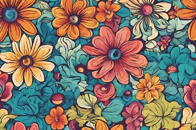 Photo hand drawn groovy flower pattern