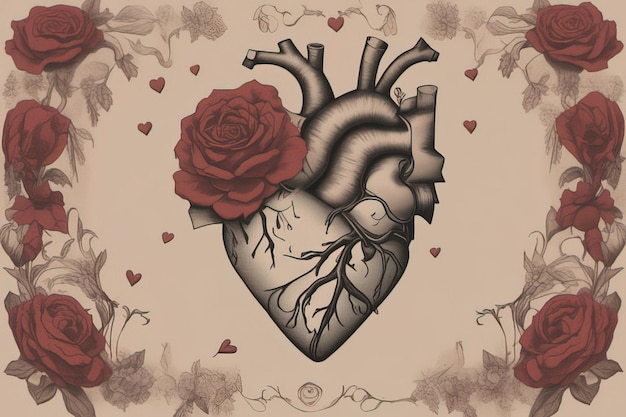 рисованное сердце с розами