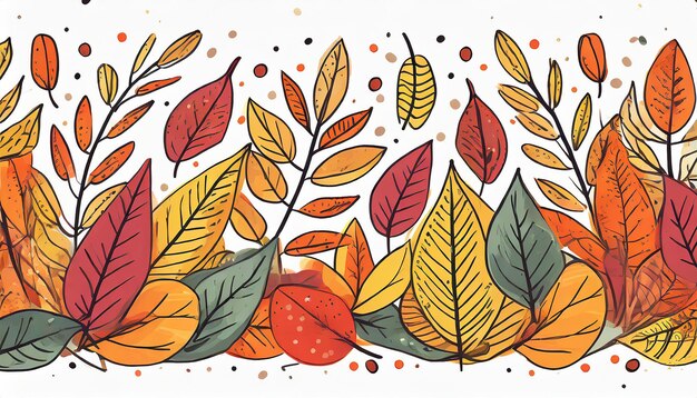 Hand drawn horizontal banner pattern with autumn bright leaves and berries in retro color