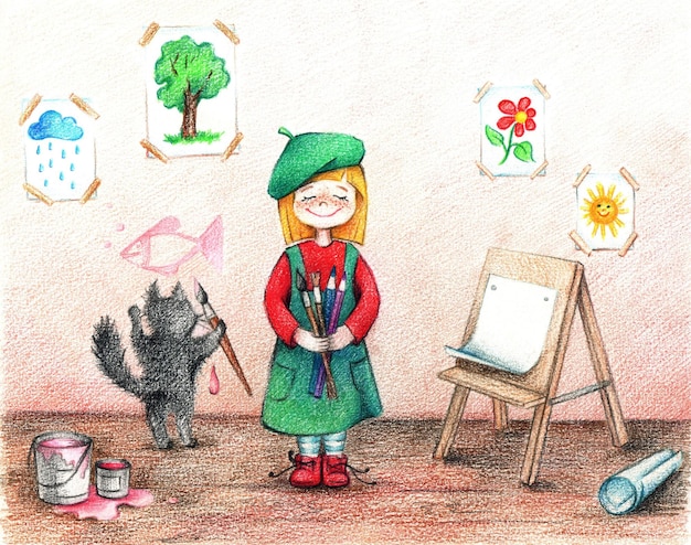 Hand drawn illustration of artist and cat in workshop by color pencils