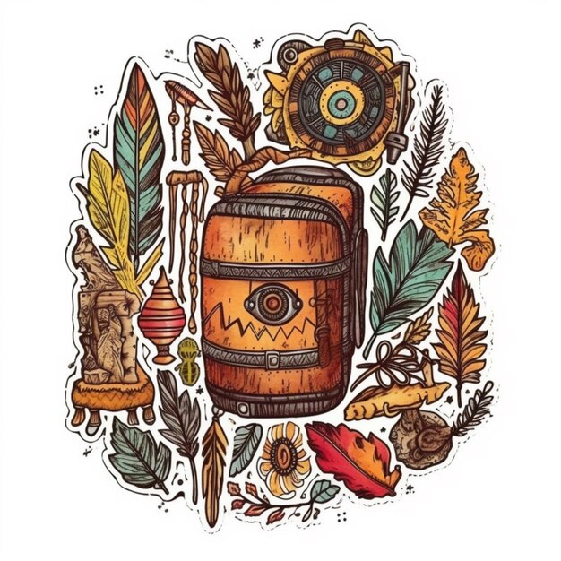 A hand drawn illustration of a barrel with a feather and a feather.