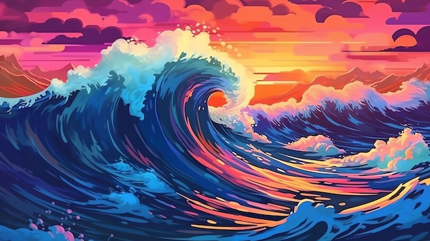 Hand drawn illustration of beautiful sea waves at sunset