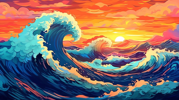 Hand drawn illustration of beautiful sea waves at sunset