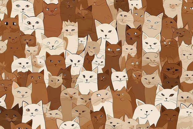 Photo hand drawn illustration of brown cats roaming in a clean minimal seamless pattern generative ai