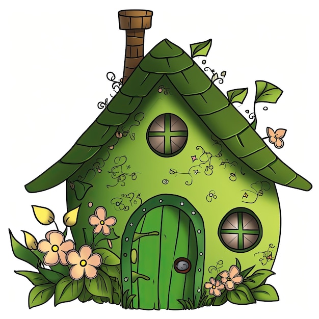 Hand drawn illustration of a cute green house with flowers and leaves Green Fairy House Clipart AI Generated