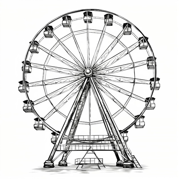 a hand drawn illustration of a ferris wheel black and white ink art