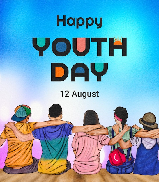 8월 12일 국제 청소년의 날을 기념하는 손으로 그린 일러스트레이션
