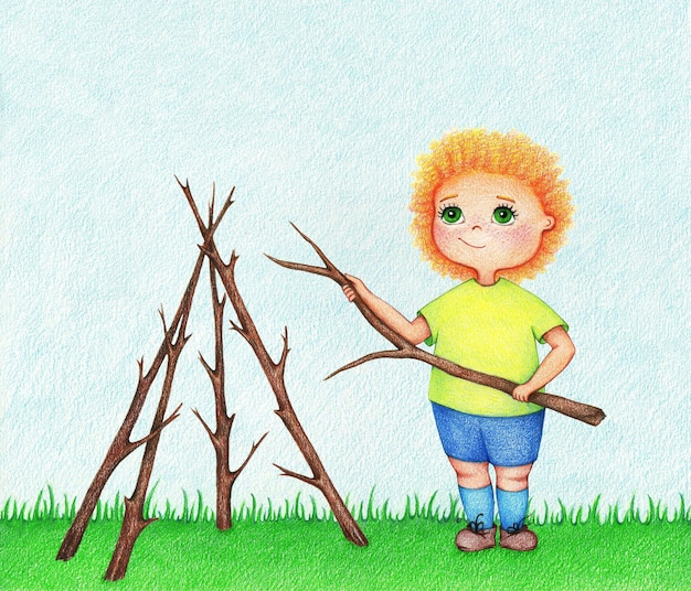 Hand drawn illustration of little boy building house from branches of tree by the color pencils