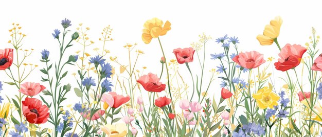 Photo hand drawn illustration of a meadow of flowers and herbs isolated on white background botanical plant illustration