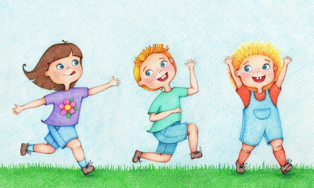 Hand drawn illustration of three kids running and chasing after each other in summer day