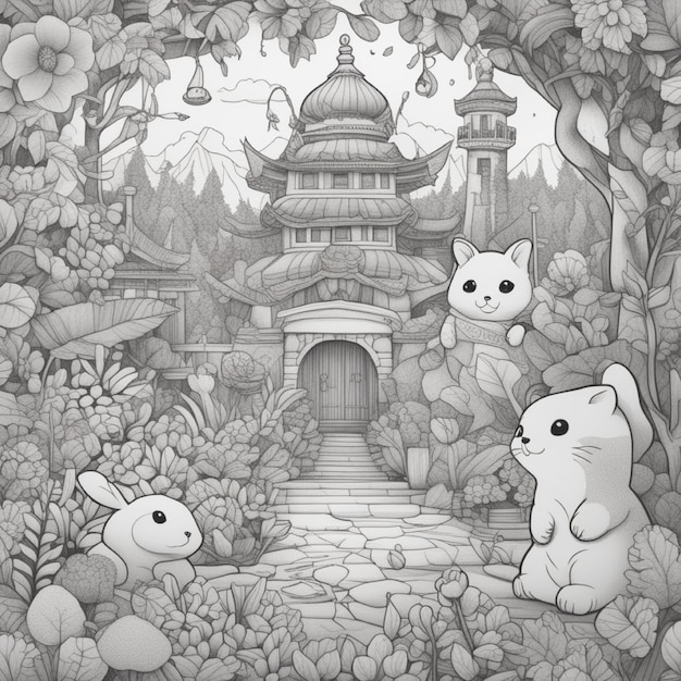 hand drawn illustration trending on artstation with mountain and forests and pagoda and river