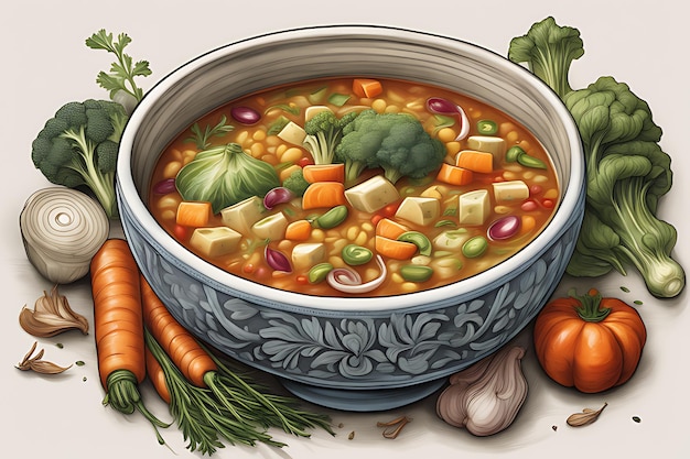 Foto zuppa di verdure con illustrazione disegnata a mano