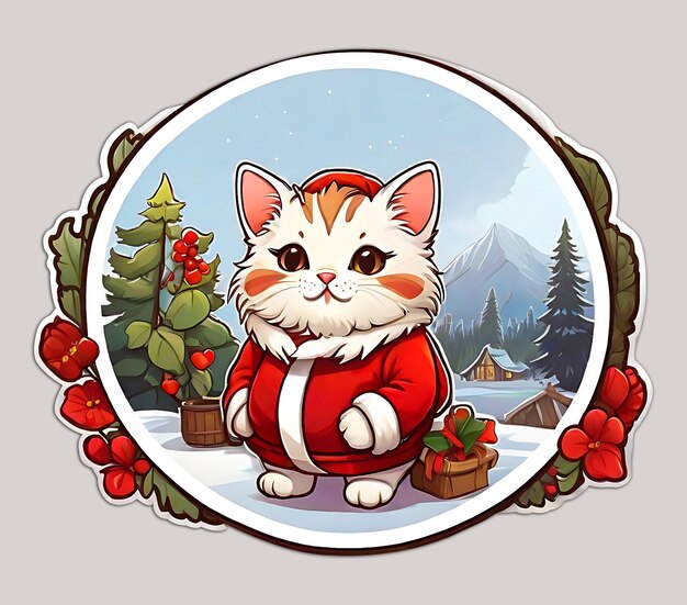 Photo hand drawn illustrator cute cat cartoon character sticker for winter christmas