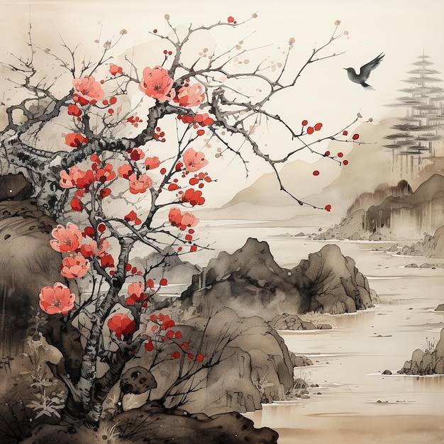 Hand Drawn Ink Wash Painting of a Japanese Bird