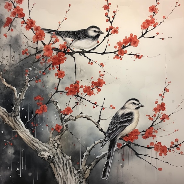 Hand Drawn Japanese Bird Ink Wash Painting