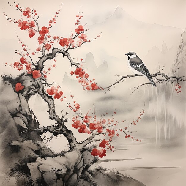 Photo hand drawn japanese sumie bird painting