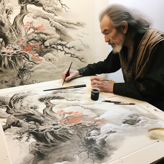 Фото Ручная рисованная японская цветочная живопись сумие