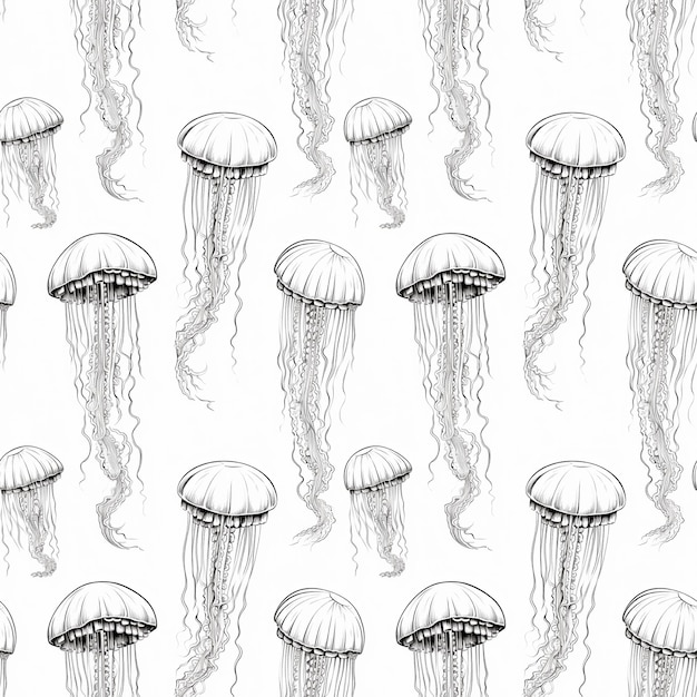 Hand Drawn Jellyfish Seamless Pattern Sketched Animal Sea Jelly Fish Ink Tile Ocean Medusa