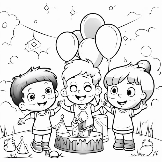 Hand drawn kawaii balloons kids birthday party coloring book page for kids