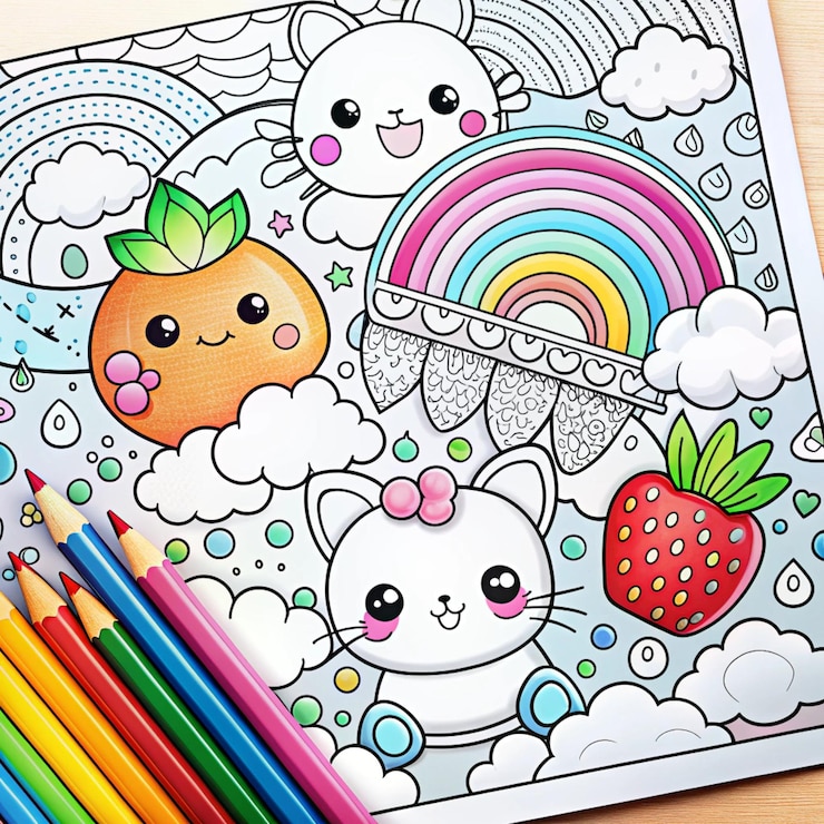 Photo hand drawn kawaii coloring book illustration
