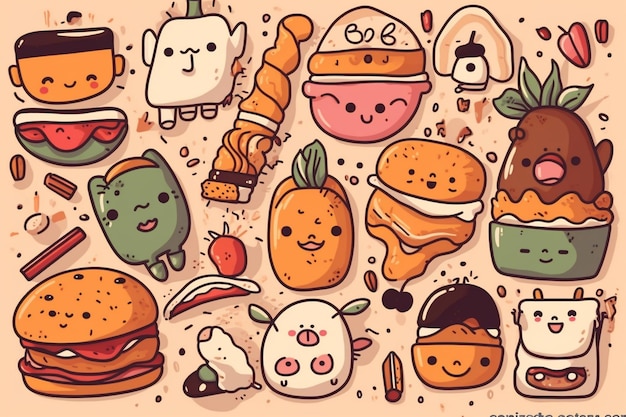 Photo hand drawn kawaii food illustration