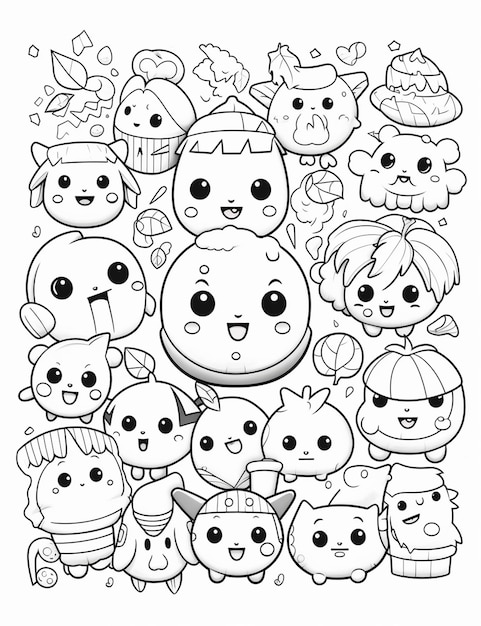 Photo hand drawn kawaii outline illustration coloring book page for kids