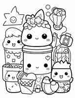 Photo hand drawn kawaii outline illustration coloring book page for kids