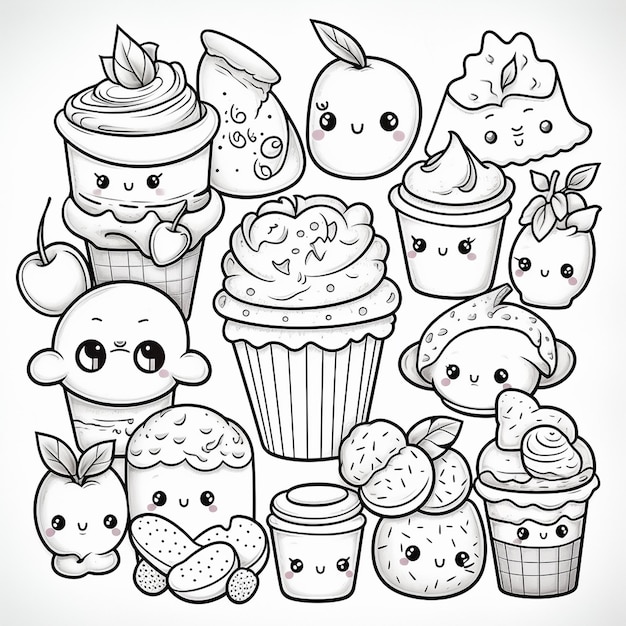 Hand drawn kawaii outline illustration coloring book page for kids