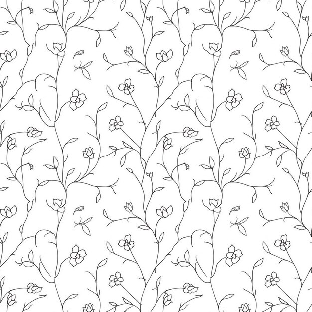 Photo hand drawn line art flower seamless pattern on white background