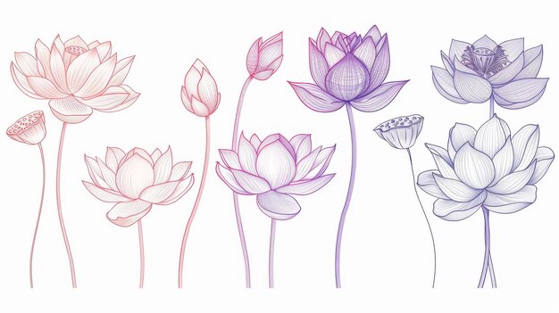 Hand drawn lotus flower collection on white background Modern handdrawn illustration