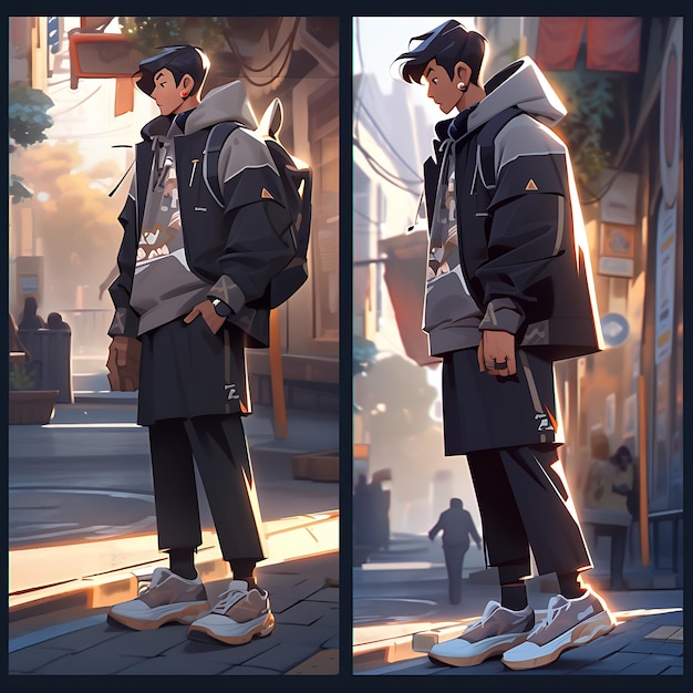 Photo hand drawn male average height casual streetwear with a hoodie urban gr anime illustration creative
