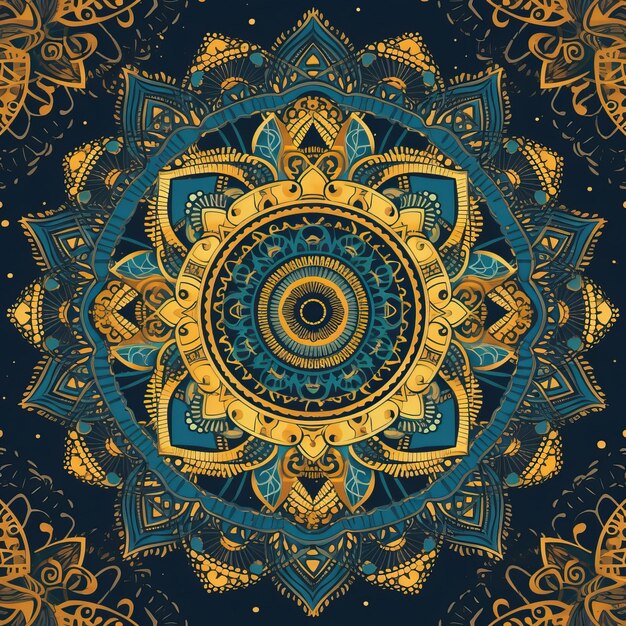 Foto mandala disegnato a mano con elementi dorati su sfondo blu