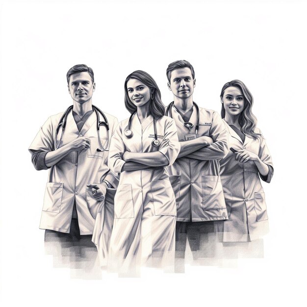 Photo hand drawn medical doctors team isolated by white background