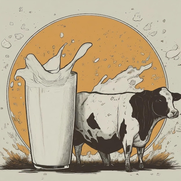 Photo hand drawn milk and cow