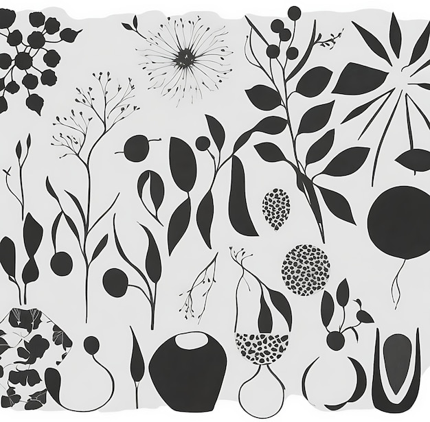 Hand drawn minimal abstract organic shapes of flowers and fruits pattern AI generated