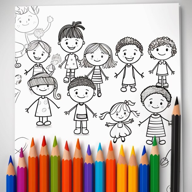 Photo hand drawn mix kawaii outline illustration coloring book page for kids