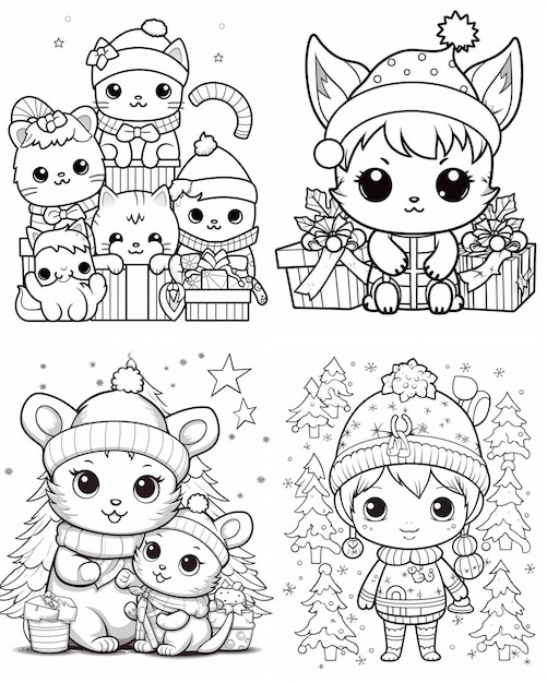 Photo hand drawn mix kawaii outline illustration coloring book page for kids