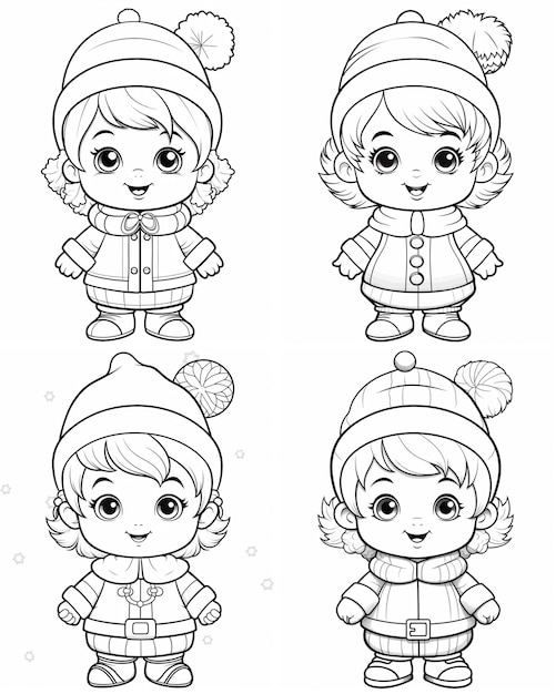 Photo hand drawn mix kawaii outline illustration coloring book page for kids