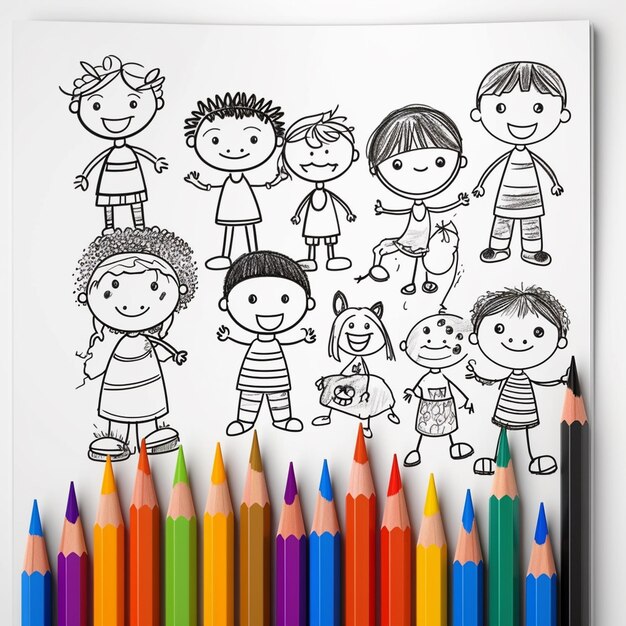 Photo hand drawn mix kawaii outline illustration coloring book page for kids