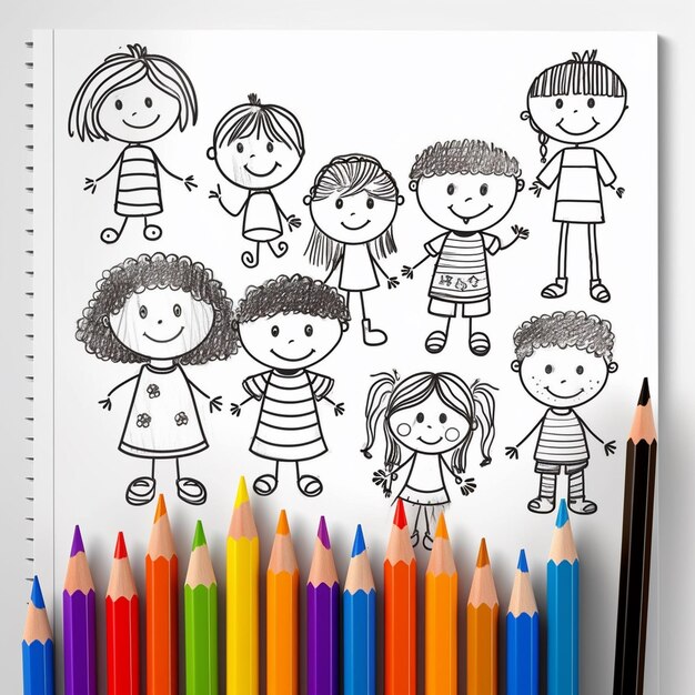 Photo hand drawn mix kawaii outline illustration coloring book page for kids