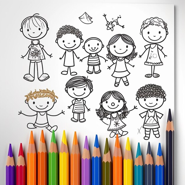 Foto mix kawaii disegnato a mano contorno illustrazione pagina del libro da colorare per bambini