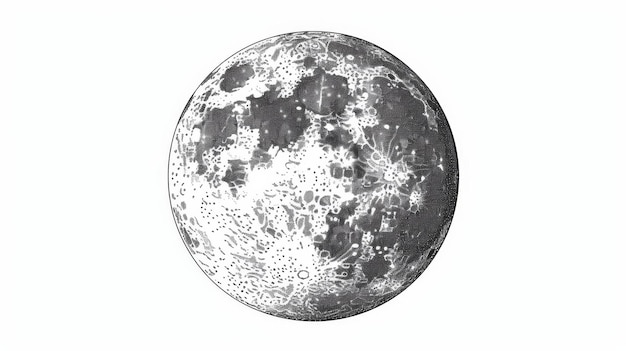 Hand drawn monochrome illustration of a moon on a white background Simple drawing of a celestial body astronomical object or satellite
